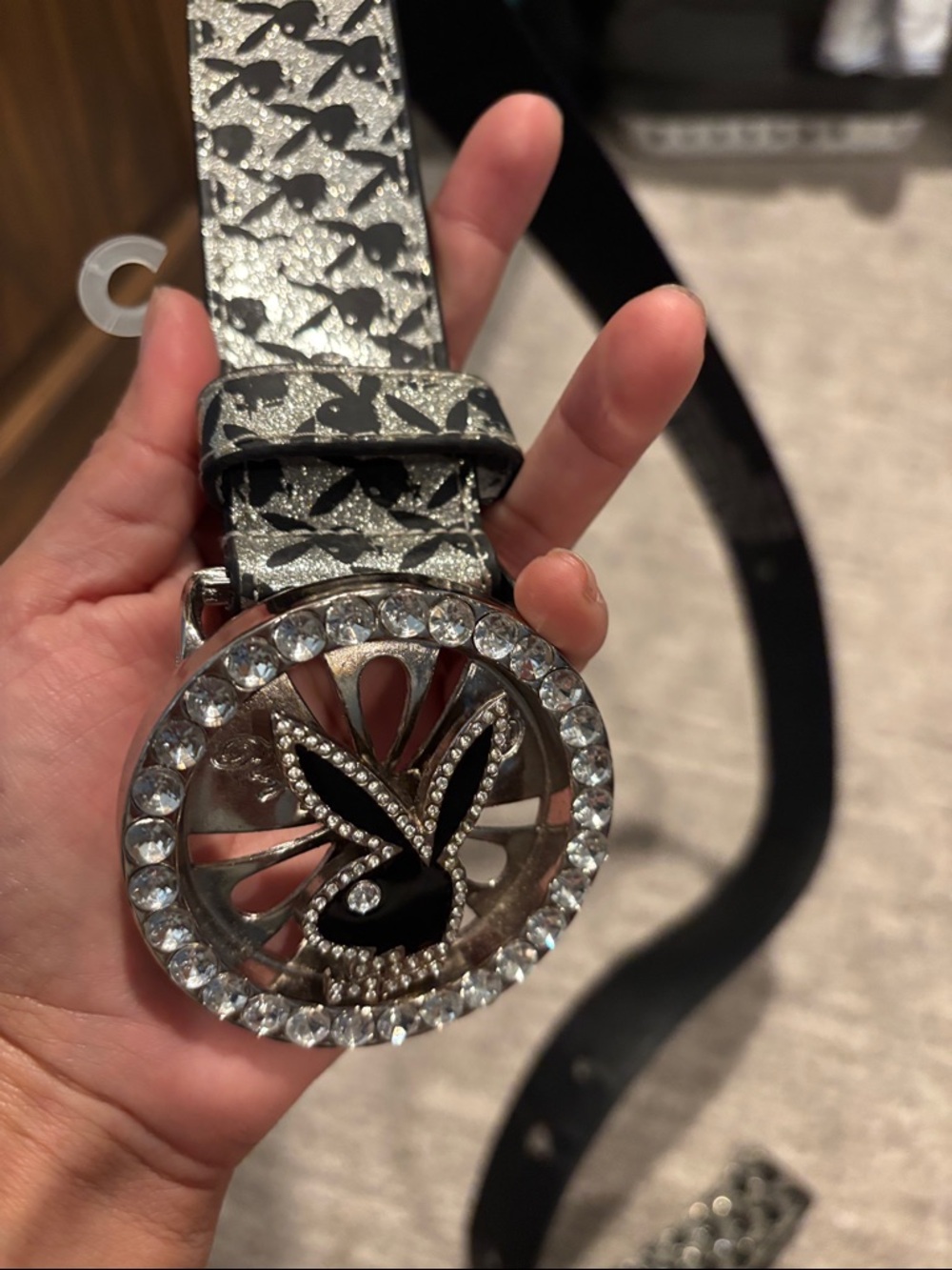 PLAYBOY Black & Silver Bunny Print Crystal Buckle spinner belt size M - Picture 7 of 7